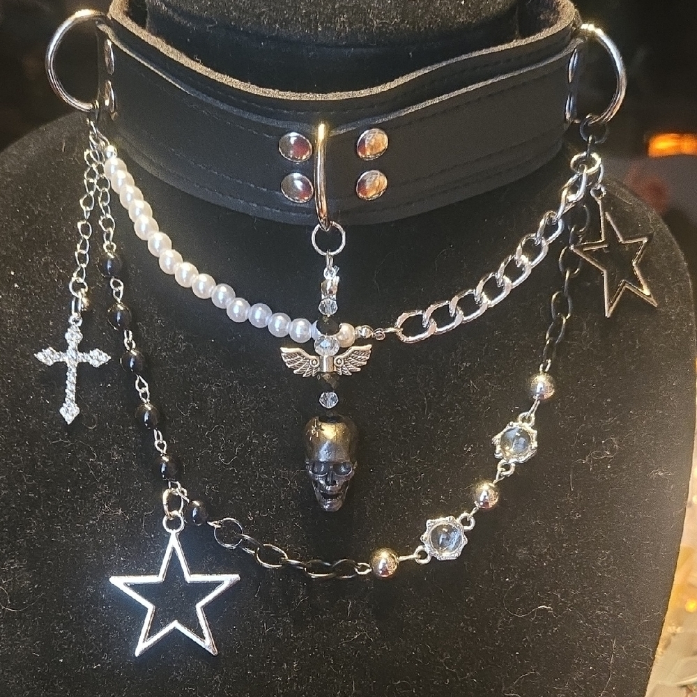 Goth Black Skull and Silver Chains Leather Choker